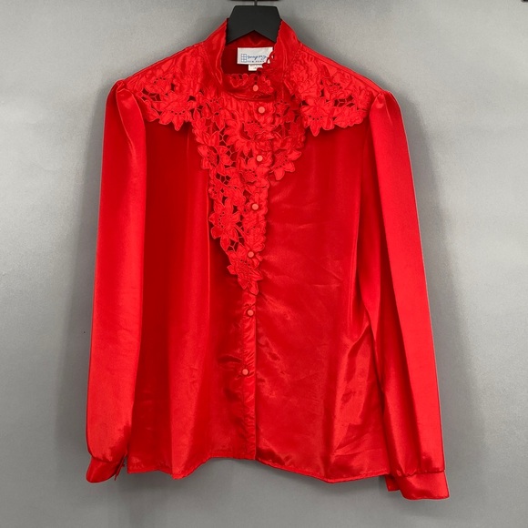 Vintage‎ Map Say NY Red Floral Vampy Blouse Women’s Med Large Button Up Western - Picture 10 of 15